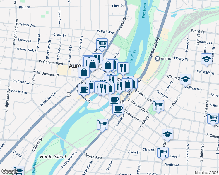 map of restaurants, bars, coffee shops, grocery stores, and more near 7 South Stolp Avenue in Aurora