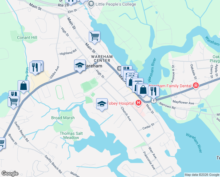 map of restaurants, bars, coffee shops, grocery stores, and more near 108 High Street in Wareham