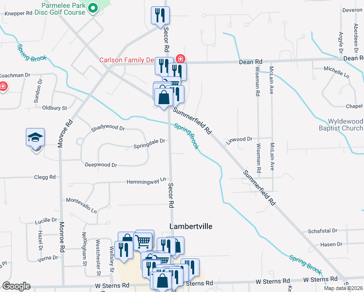 map of restaurants, bars, coffee shops, grocery stores, and more near 7932 Secor Road in Lambertville