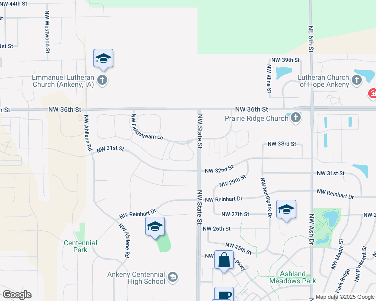 map of restaurants, bars, coffee shops, grocery stores, and more near 1735 NW Fieldstream Ln in Ankeny