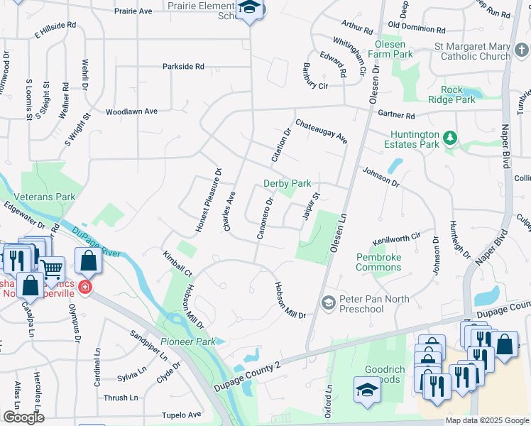 map of restaurants, bars, coffee shops, grocery stores, and more near Canonero Drive in Naperville