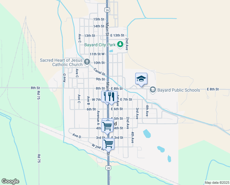 map of restaurants, bars, coffee shops, grocery stores, and more near 701-799 1st Ave in Bayard