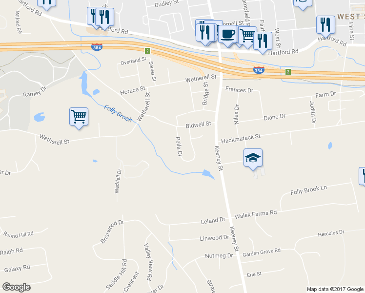 map of restaurants, bars, coffee shops, grocery stores, and more near 112 Peila Drive in Manchester