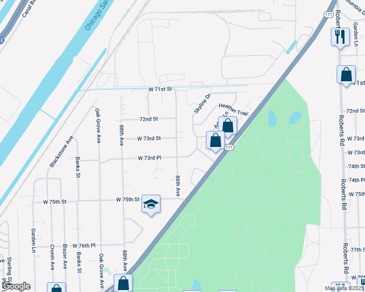 map of restaurants, bars, coffee shops, grocery stores, and more near 7307 South 86th Avenue in Justice