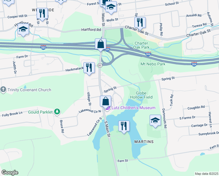 map of restaurants, bars, coffee shops, grocery stores, and more near 43 Spring Street in Manchester