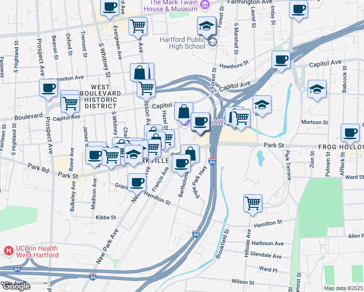 map of restaurants, bars, coffee shops, grocery stores, and more near 22 Orange Street in Hartford