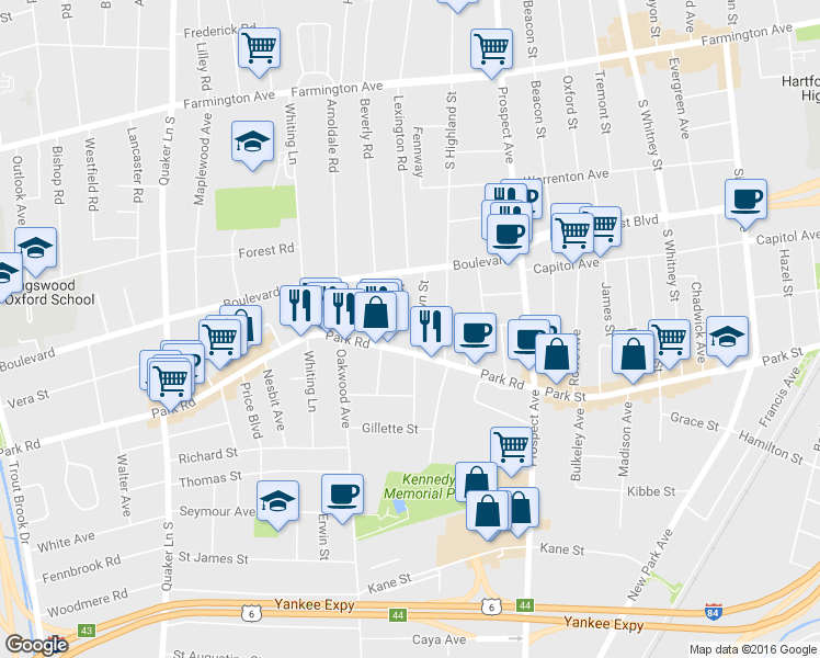 map of restaurants, bars, coffee shops, grocery stores, and more near 24 Troy Street in West Hartford