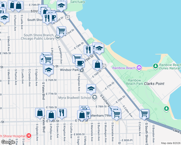 map of restaurants, bars, coffee shops, grocery stores, and more near 2725 East 75th Place in Chicago