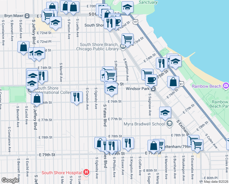 map of restaurants, bars, coffee shops, grocery stores, and more near 7512 South Phillips Avenue in Chicago
