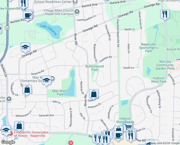 map of restaurants, bars, coffee shops, grocery stores, and more near 808 South River Road in Naperville