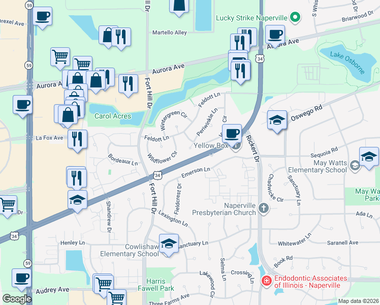 map of restaurants, bars, coffee shops, grocery stores, and more near 2311 Periwinkle Court in Naperville