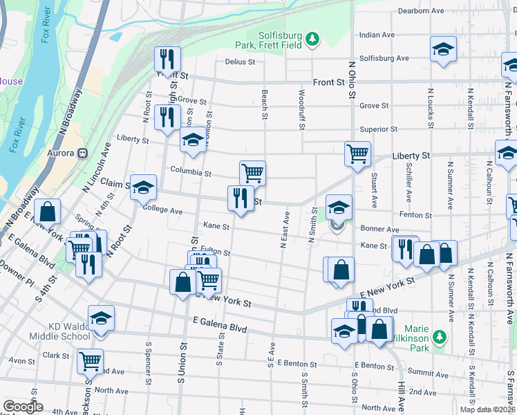 map of restaurants, bars, coffee shops, grocery stores, and more near in Aurora