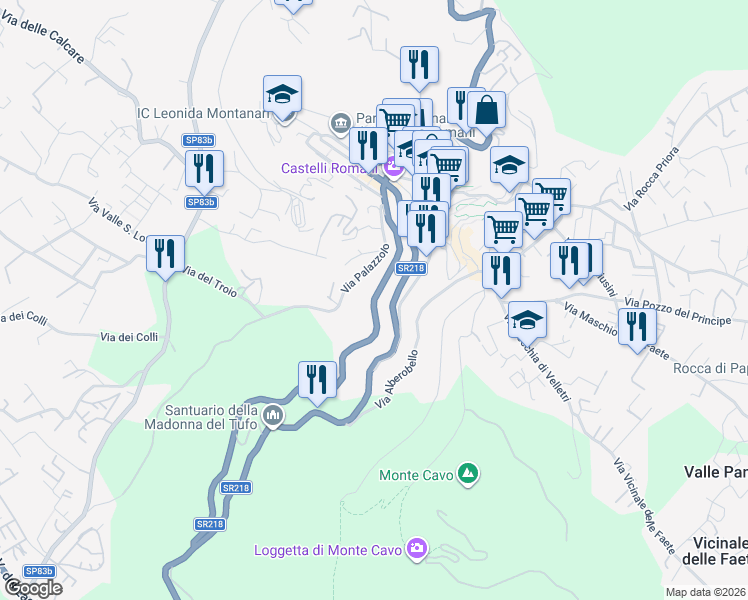 map of restaurants, bars, coffee shops, grocery stores, and more near 61 Via Roma in Rocca di Papa