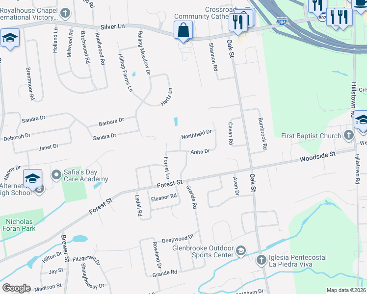 map of restaurants, bars, coffee shops, grocery stores, and more near 38 Northfield Drive in East Hartford
