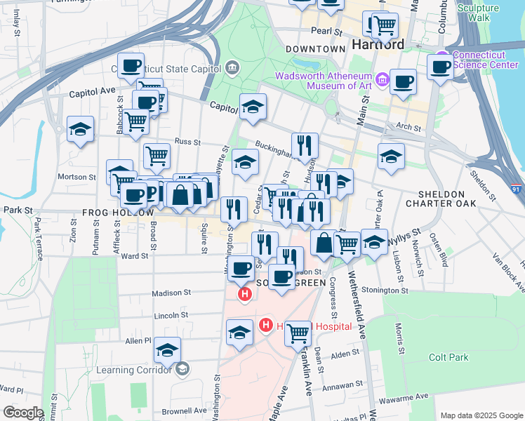 map of restaurants, bars, coffee shops, grocery stores, and more near 18 Cedar Street in Hartford