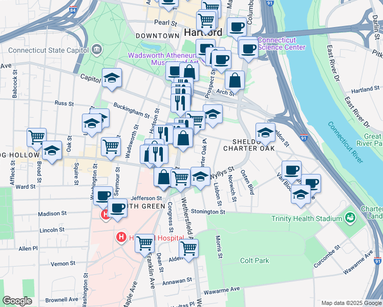 map of restaurants, bars, coffee shops, grocery stores, and more near 220 Main Street in Hartford