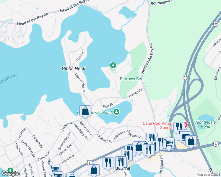 map of restaurants, bars, coffee shops, grocery stores, and more near 7 Little Bay Lane in Bourne