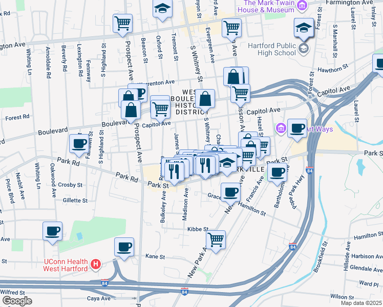 map of restaurants, bars, coffee shops, grocery stores, and more near 64 Heath Street in Hartford