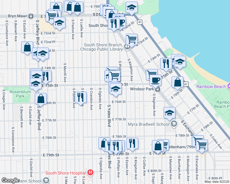 map of restaurants, bars, coffee shops, grocery stores, and more near 7524 South Phillips Avenue in Chicago