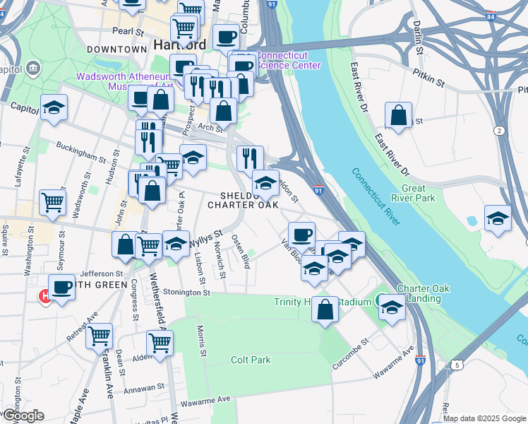 map of restaurants, bars, coffee shops, grocery stores, and more near 111 Charter Oak Avenue in Hartford