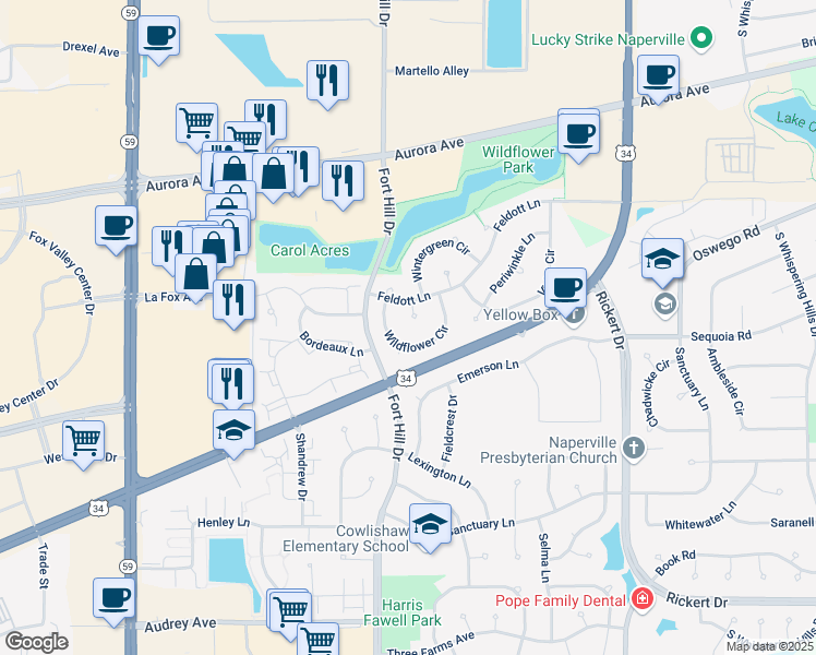 map of restaurants, bars, coffee shops, grocery stores, and more near 784 Wildflower Circle in Naperville