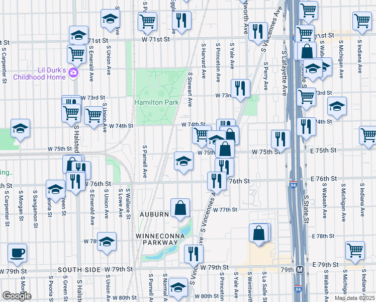 map of restaurants, bars, coffee shops, grocery stores, and more near 7456 South Stewart Avenue in Chicago