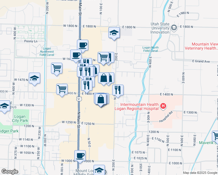 map of restaurants, bars, coffee shops, grocery stores, and more near 1451 North 200 East in Logan