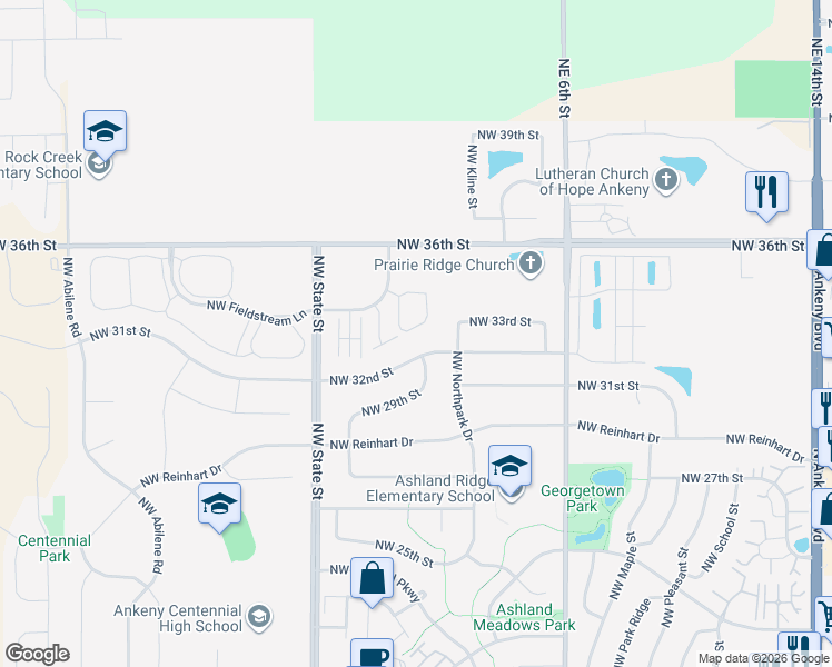 map of restaurants, bars, coffee shops, grocery stores, and more near 3216 Northwest Northpark Drive in Ankeny