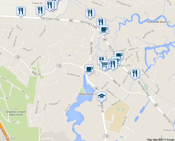 map of restaurants, bars, coffee shops, grocery stores, and more near 135 Main St in Sandwich