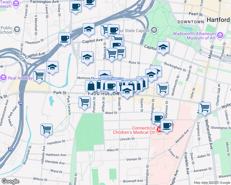 map of restaurants, bars, coffee shops, grocery stores, and more near 648 Park Street in Hartford