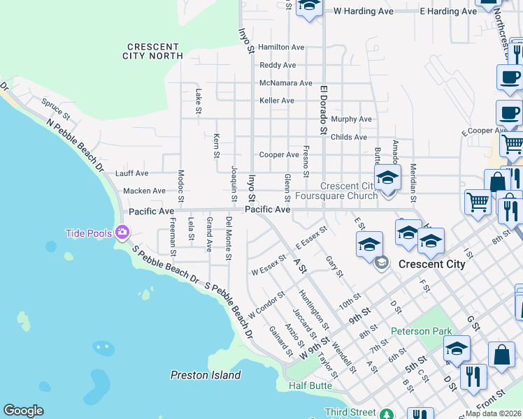map of restaurants, bars, coffee shops, grocery stores, and more near 951 Pacific Avenue in Crescent City