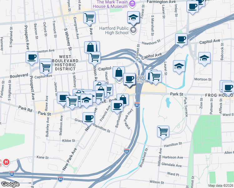 map of restaurants, bars, coffee shops, grocery stores, and more near 22 Orange Street in Hartford