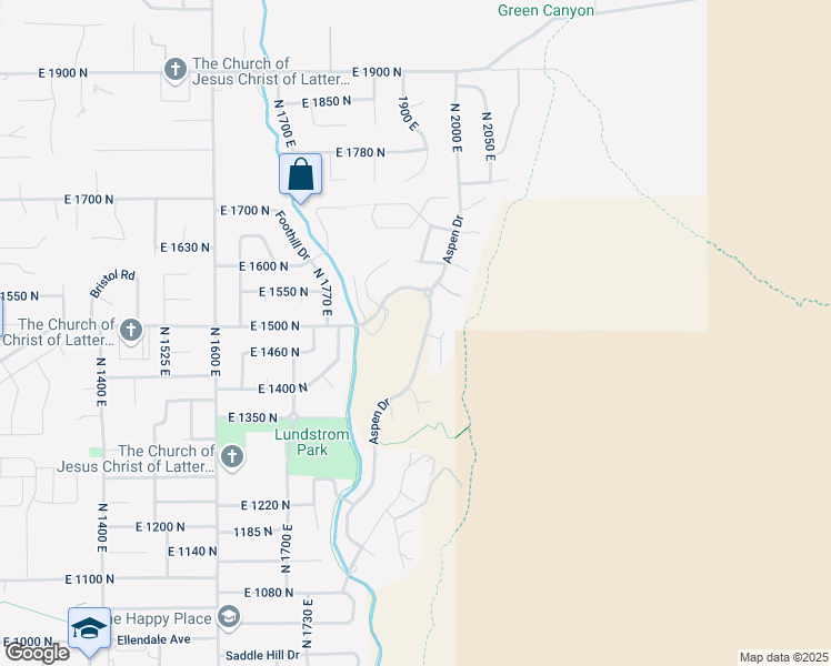 map of restaurants, bars, coffee shops, grocery stores, and more near 1475 Aspen Drive in Logan