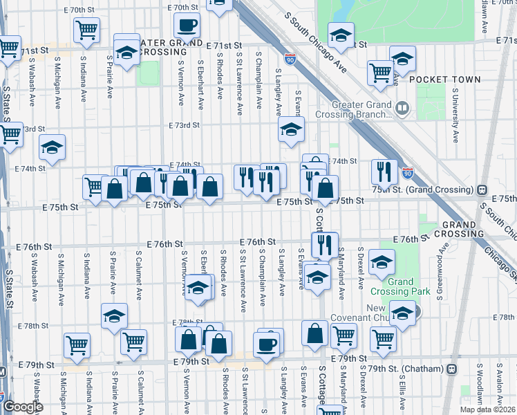 map of restaurants, bars, coffee shops, grocery stores, and more near 7457 South Champlain Avenue in Chicago