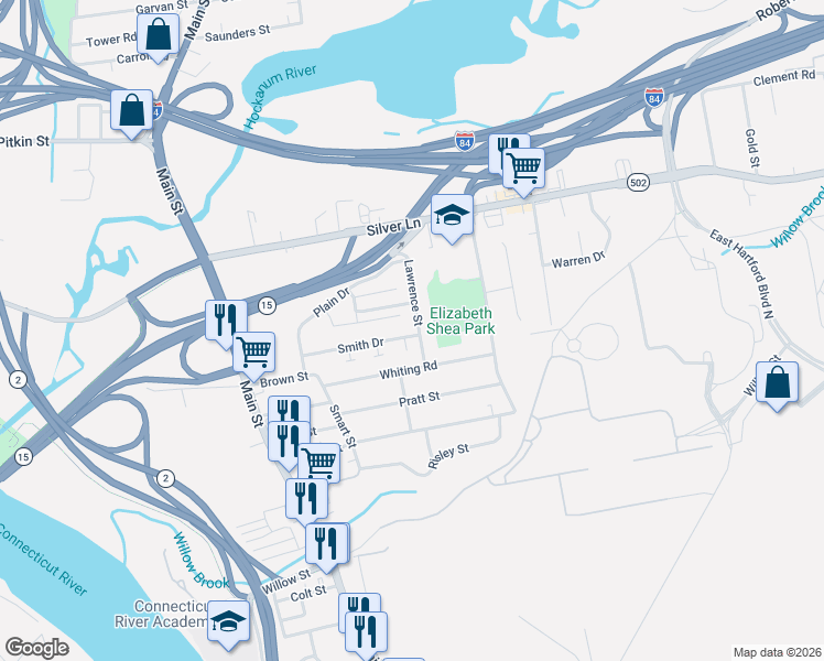 map of restaurants, bars, coffee shops, grocery stores, and more near 74 Lawrence Street in East Hartford
