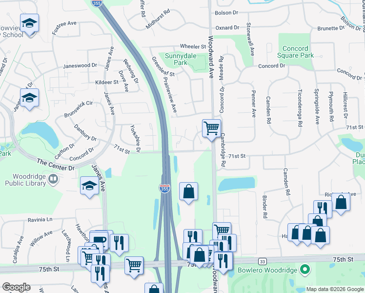 map of restaurants, bars, coffee shops, grocery stores, and more near 7060 Brighton Court in Woodridge