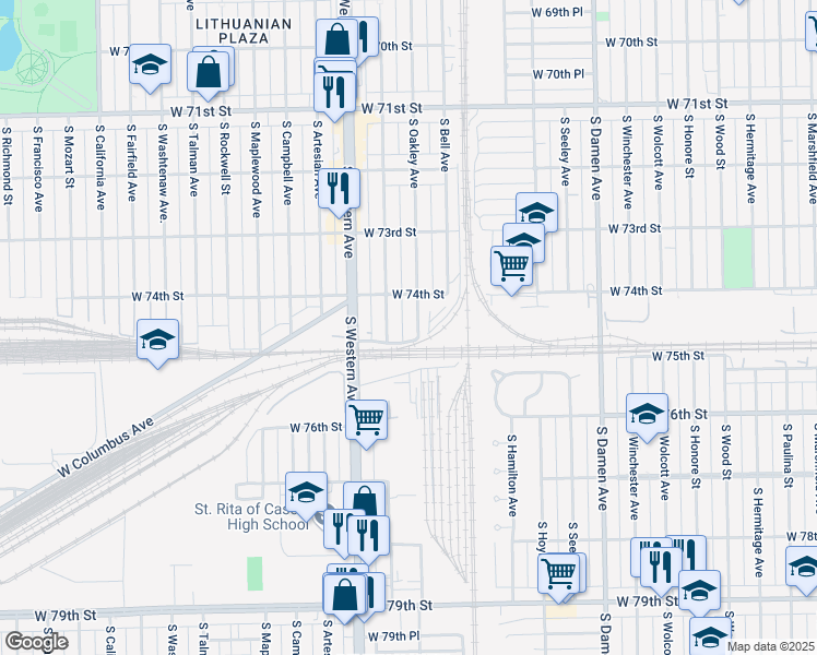 map of restaurants, bars, coffee shops, grocery stores, and more near 7420 South Oakley Avenue in Chicago