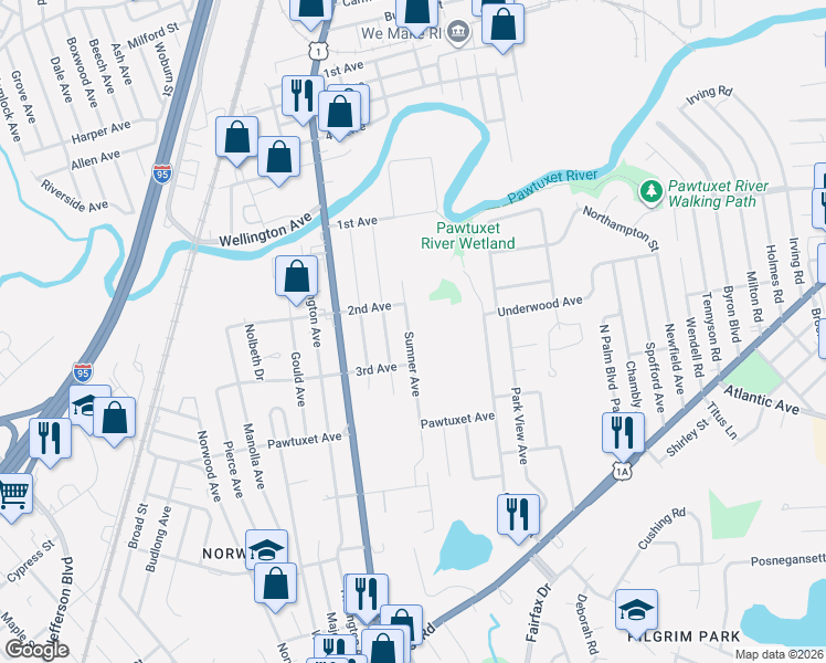 map of restaurants, bars, coffee shops, grocery stores, and more near 188 Sumner Avenue in Warwick