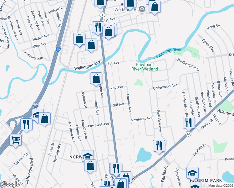 map of restaurants, bars, coffee shops, grocery stores, and more near 148 Wingate Avenue in Warwick