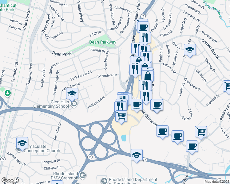 map of restaurants, bars, coffee shops, grocery stores, and more near 175 Hoffman Avenue in Cranston
