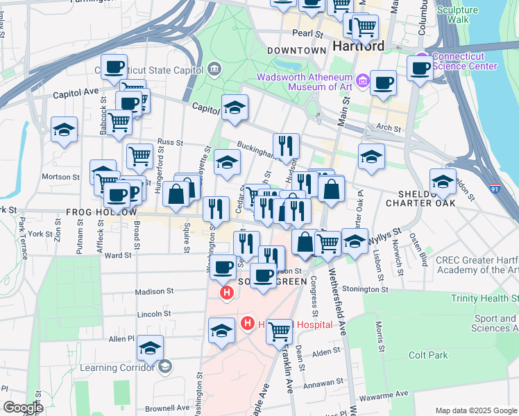 map of restaurants, bars, coffee shops, grocery stores, and more near 36 1/2 Wadsworth Street in Hartford