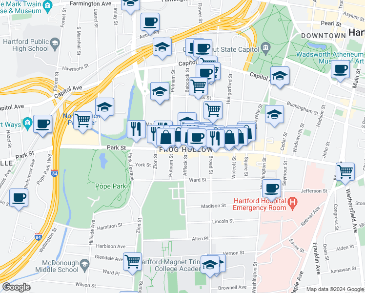 map of restaurants, bars, coffee shops, grocery stores, and more near in Hartford