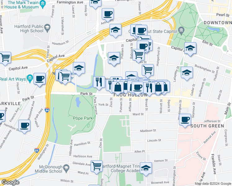 map of restaurants, bars, coffee shops, grocery stores, and more near in Hartford