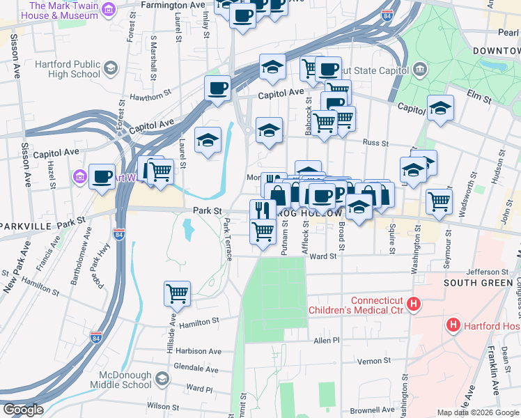 map of restaurants, bars, coffee shops, grocery stores, and more near in Hartford