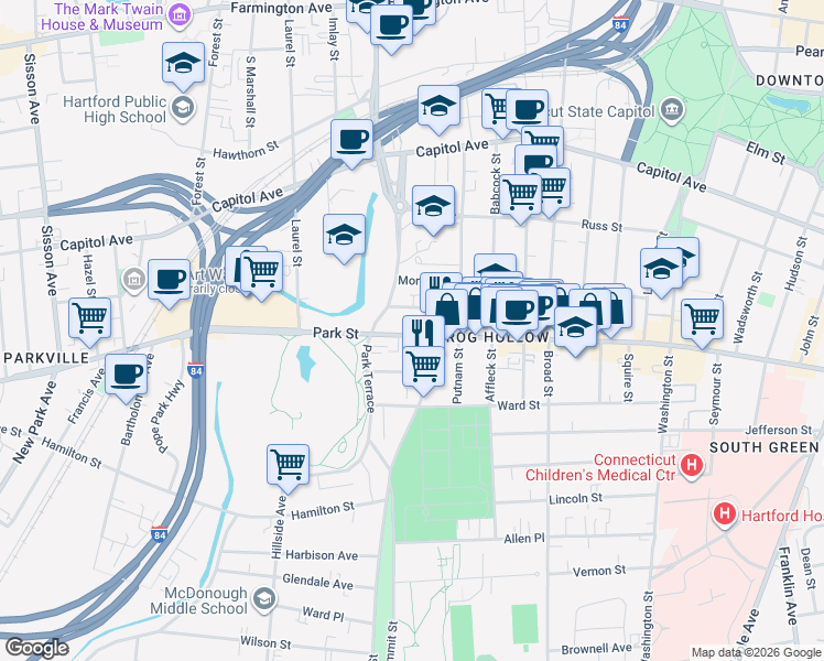 map of restaurants, bars, coffee shops, grocery stores, and more near 936 Park Street in Hartford