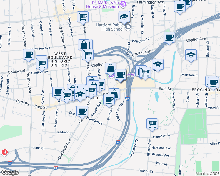 map of restaurants, bars, coffee shops, grocery stores, and more near 22 Orange Street in Hartford