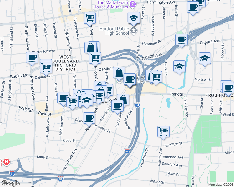 map of restaurants, bars, coffee shops, grocery stores, and more near 22 Orange Street in Hartford