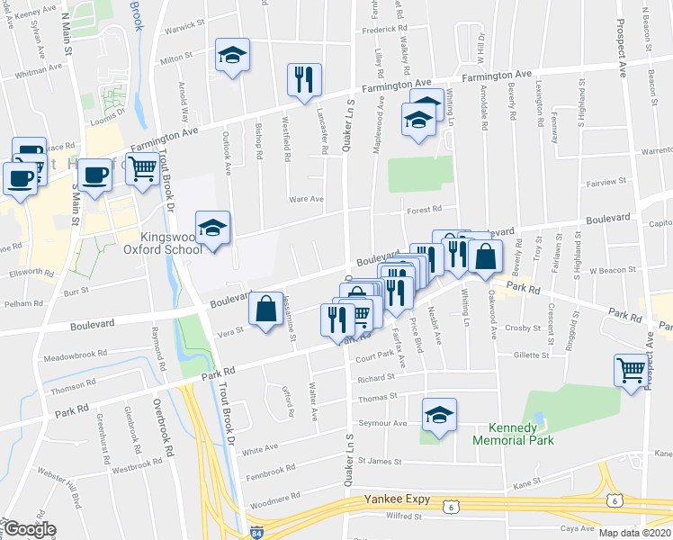 map of restaurants, bars, coffee shops, grocery stores, and more near 1358 Boulevard in West Hartford