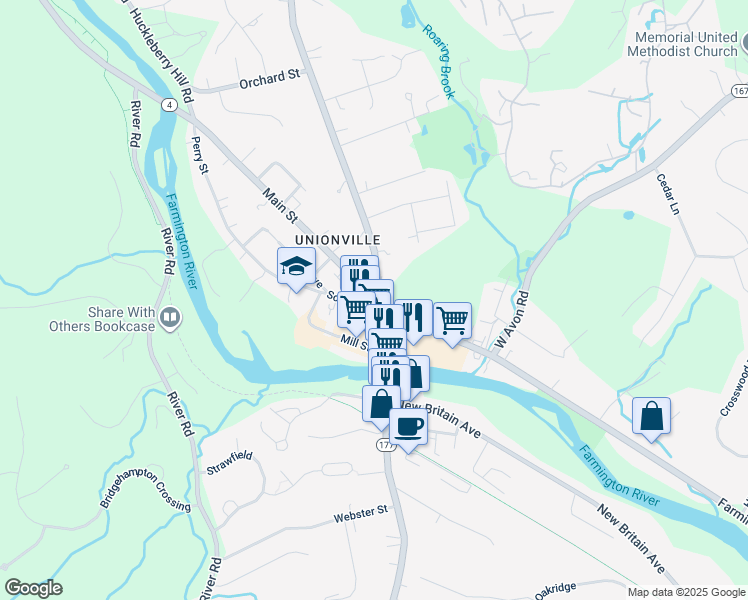 map of restaurants, bars, coffee shops, grocery stores, and more near 61 Main Street in Farmington