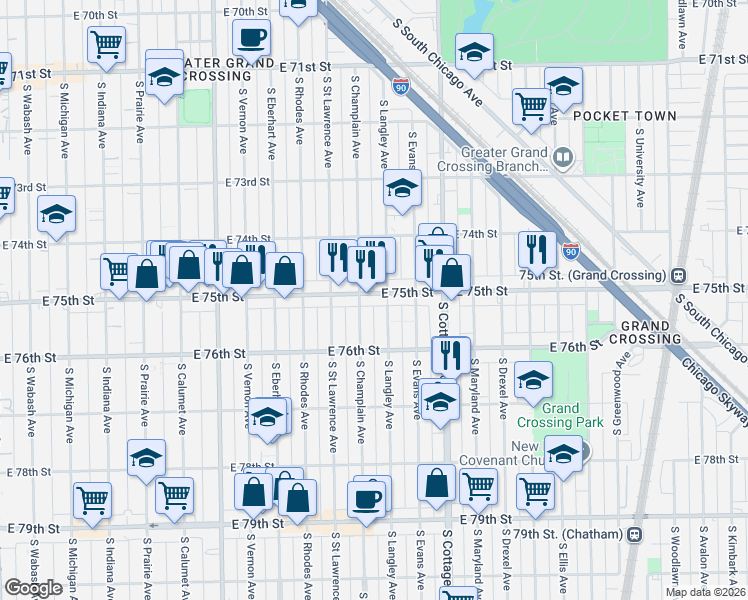 map of restaurants, bars, coffee shops, grocery stores, and more near 7457 South Champlain Avenue in Chicago